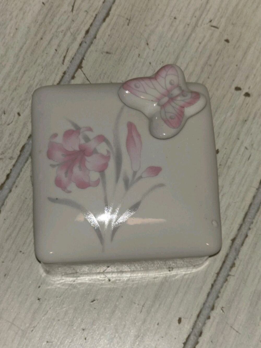 Vintage Trinket Box Floral Butterfly White Porcelain Pink 3” Square Country